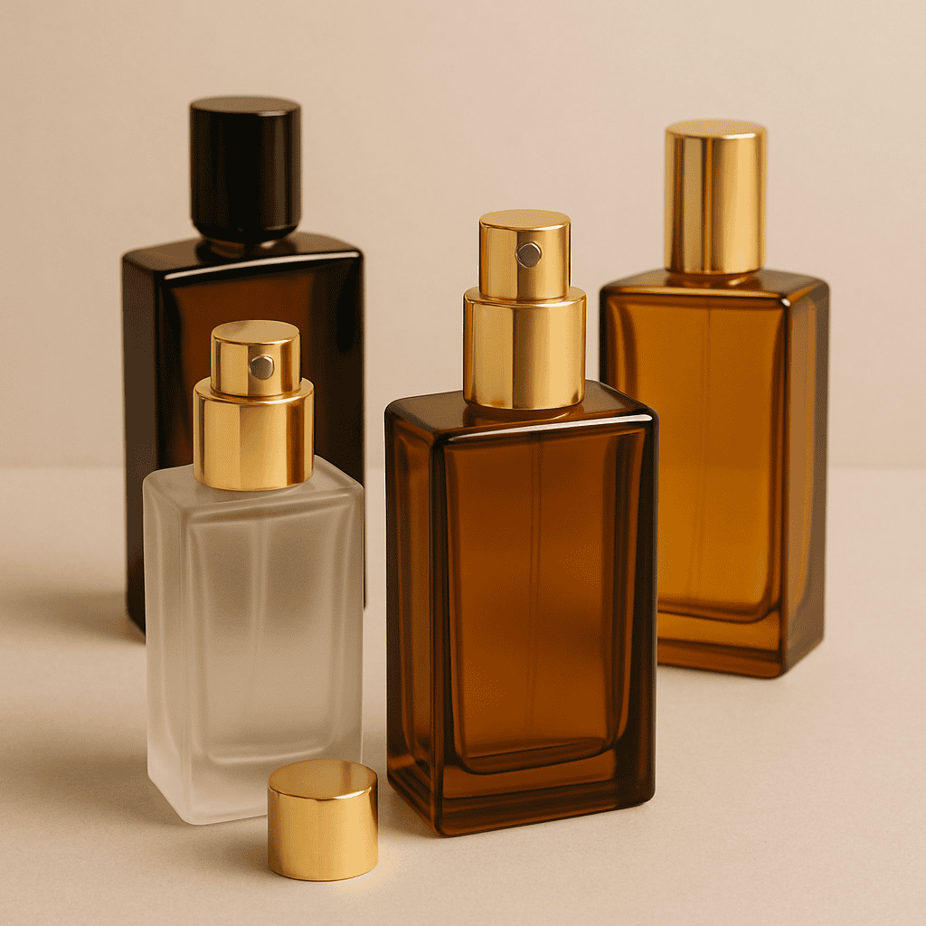 Frascos de vidrio para perfumes al por mayor en acabado ámbar y esmerilado, con spray dorado. Envases para cosmética premium.