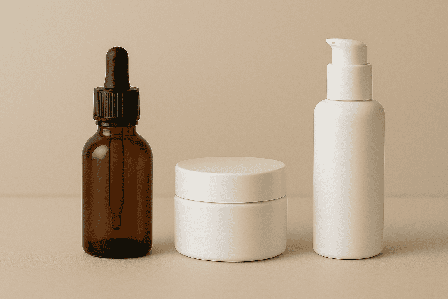 Envases cosméticos de muestra: frasco con cuentagotas, tarro de crema y envase airless sobre fondo neutro.