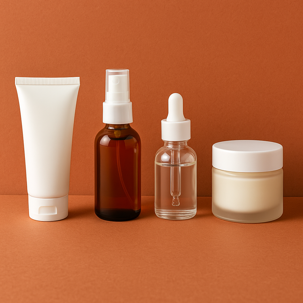 Envases cosméticos sobre fondo terracota: tubo blanco, frascos de vidrio y tarro con tapa mate.