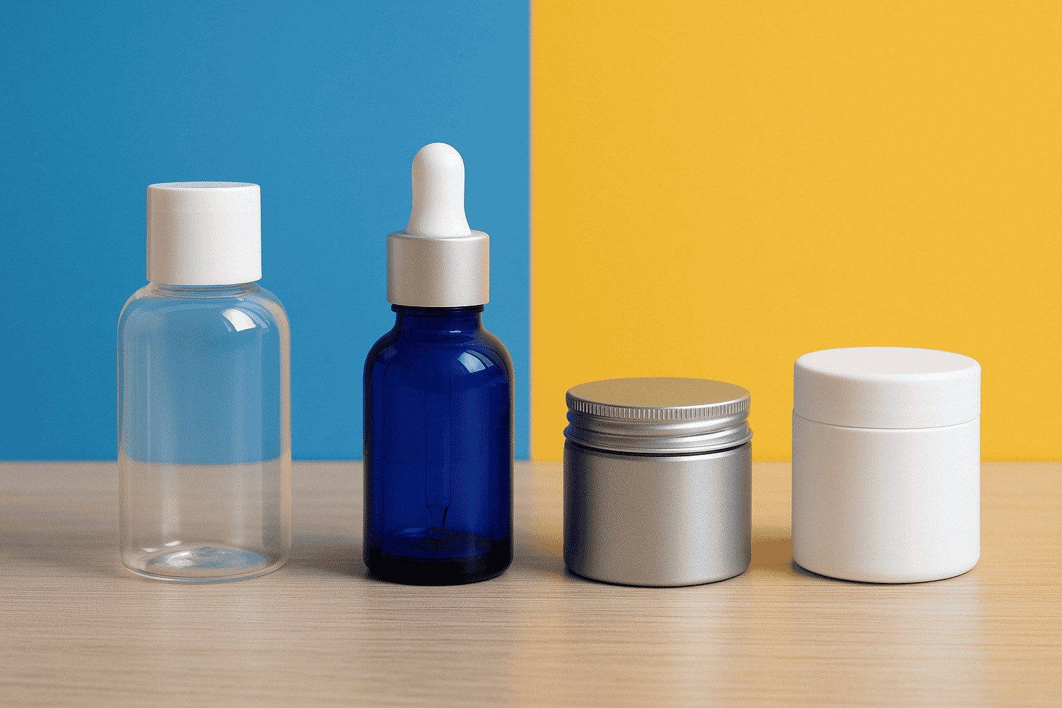 Comparativa de envases cosméticos fabricados en PET, vidrio, aluminio y PP sobre fondo de colores vivos.