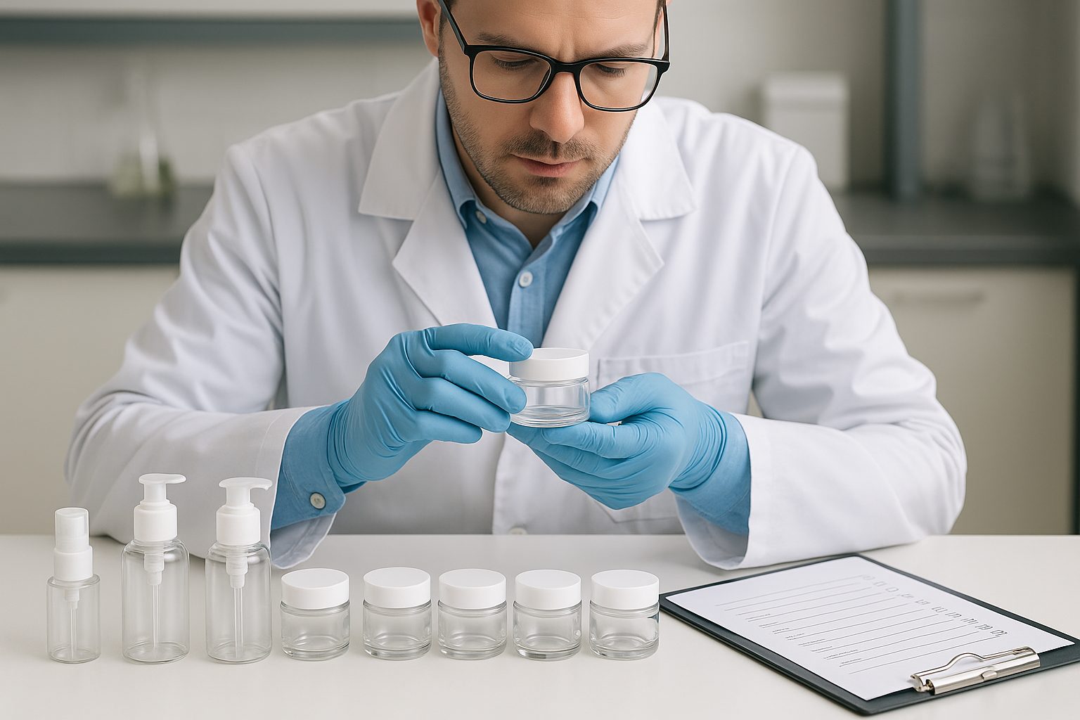 Inspector revisando envases cosméticos de vidrio en un control de calidad con checklist en laboratorio