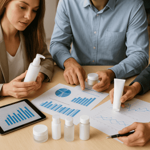 Tres profesionales analizan envases cosméticos y gráficos de producción sobre una mesa en una oficina moderna.