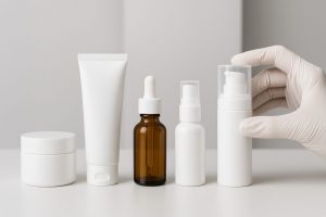 Envases cosméticos vacíos: tarro, tubo, cuentagotas, airless y spray, con mano técnica en fondo neutro profesional.