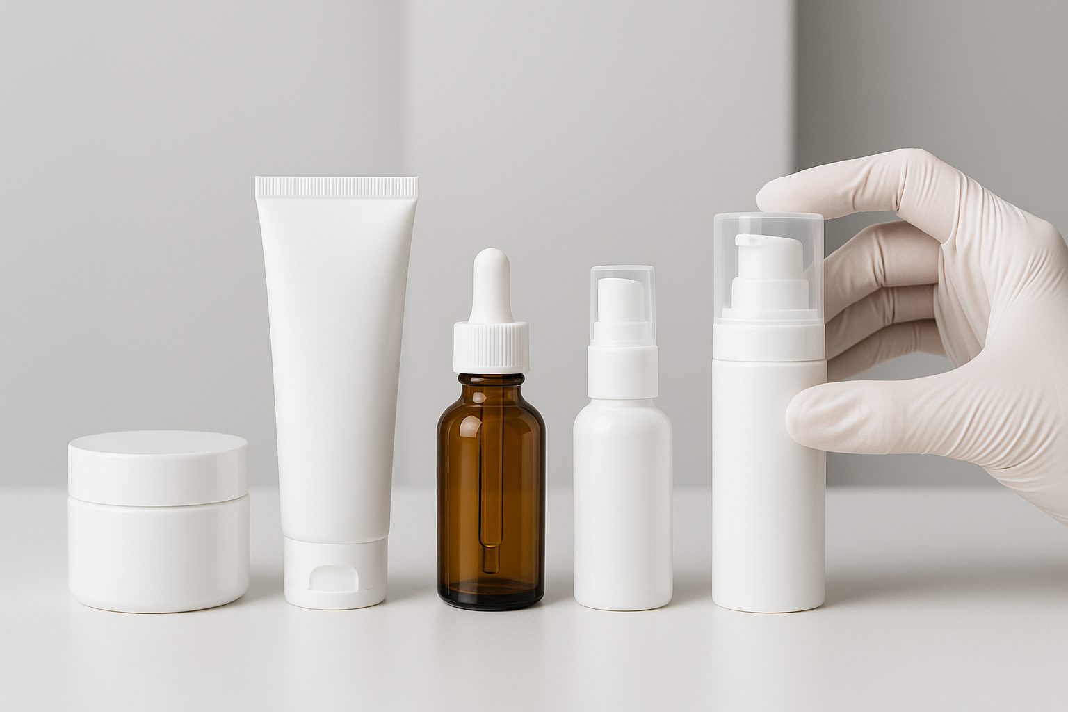 Envases cosméticos vacíos: tarro, tubo, cuentagotas, airless y spray, con mano técnica en fondo neutro profesional.