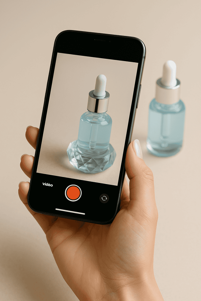 Mano femenina sosteniendo un smartphone mientras graba un envase cosmético con cuentagotas y base facetada, sobre fondo neutro en plano detalle.