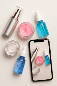 Envases cosméticos modernos sobre fondo claro junto a un smartphone, en plano cenital.