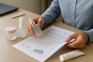Persona revisando documentación de importación junto a muestras de envases cosméticos sobre una mesa de trabajo profesional.