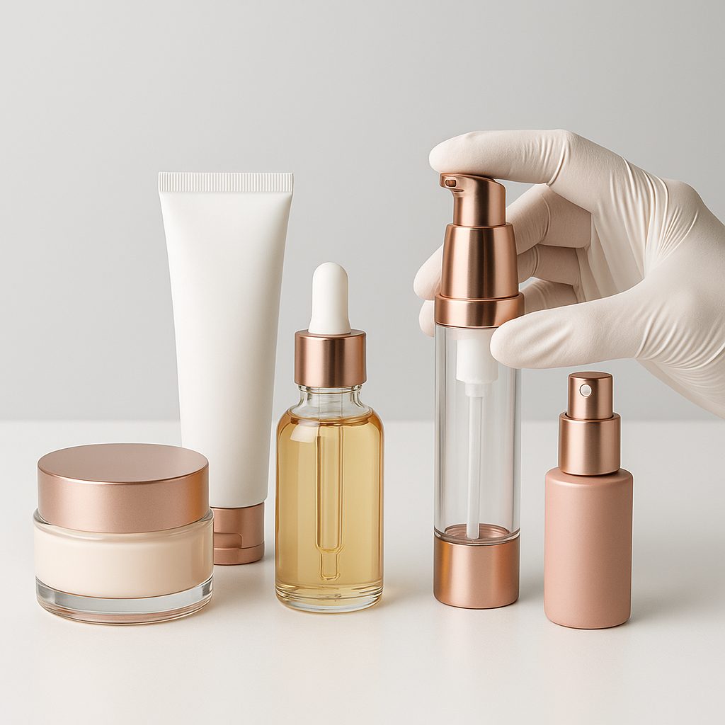 Envases cosméticos personalizados con detalles en oro rosa: tarro, tubo, cuentagotas, airless y spray sobre fondo neutro.