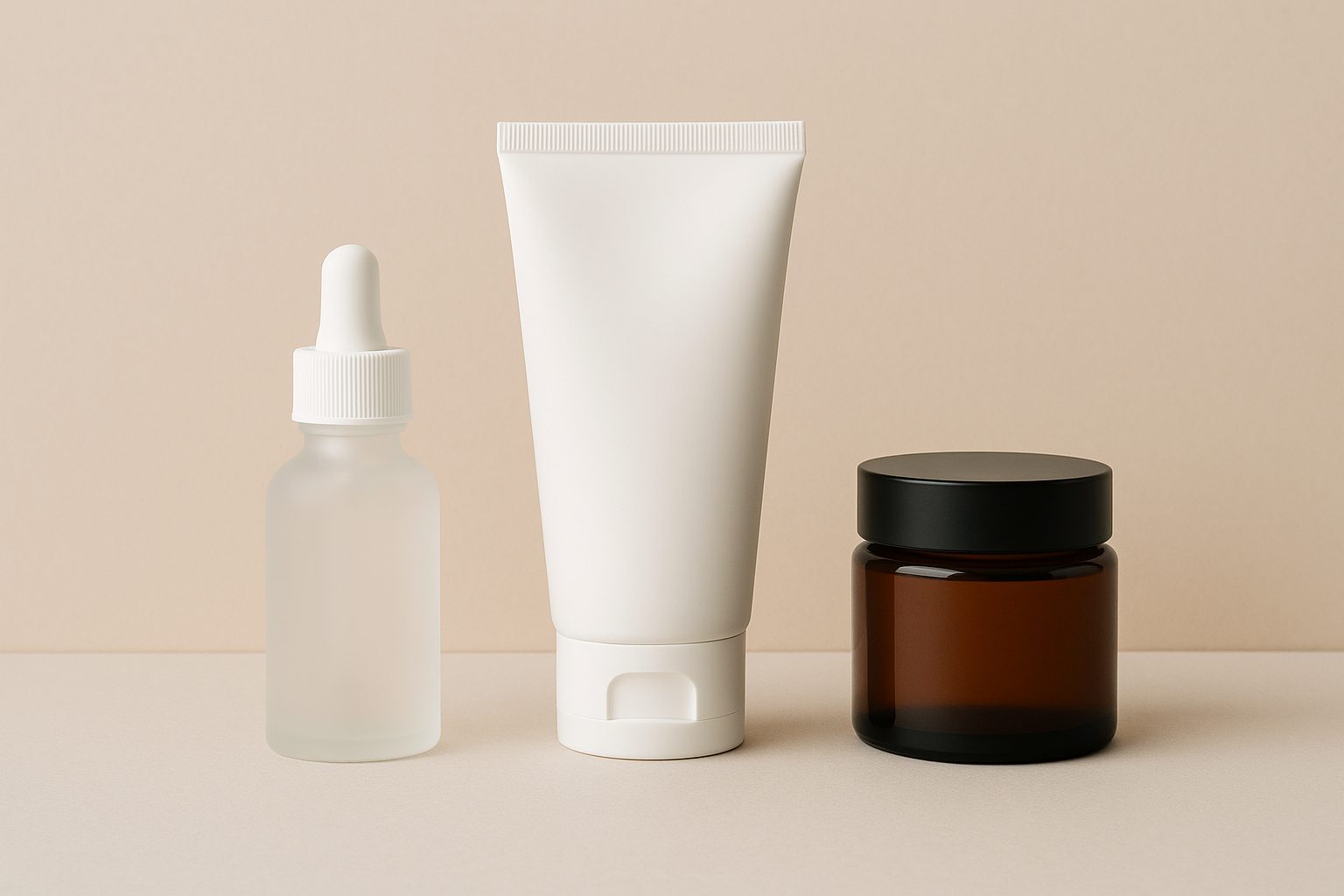 Envases cosméticos tipo cuentagotas, tubo y tarro ámbar sobre fondo beige neutro, ideales para marcas de cuidado facial premium.