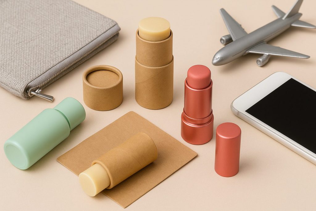 Envases stick cosméticos apilados en disposición elegante para cosmética sólida