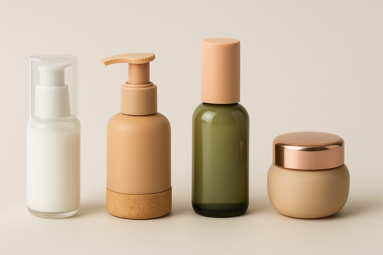 Envases cosméticos para 2026 en estilo minimalista: frasco airless transparente, envase con base de corcho, botella de vidrio verde con tapón mate y tarro con tapa metálica cobre, sobre fondo neutro.