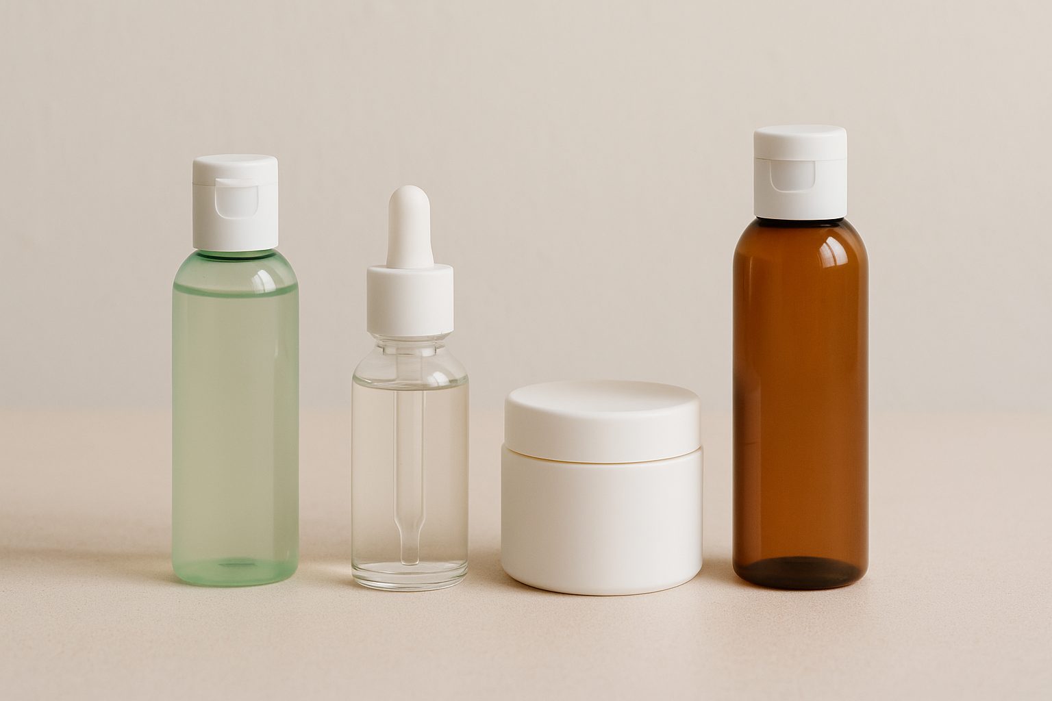 Envases cosméticos sostenibles de vidrio reciclado, PET ámbar y tapones monomaterial sobre fondo neutro