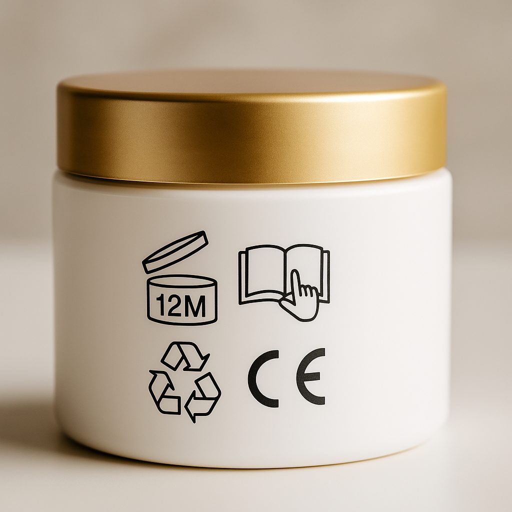 Envase cosmético blanco con tapa dorada que muestra símbolos PAO, reciclaje, libro de instrucciones y marcado CE