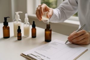 Técnico vertiendo fórmula en frasco ámbar durante prueba de compatibilidad fórmula-envase, envases sobre mesa blanca con luz natural.