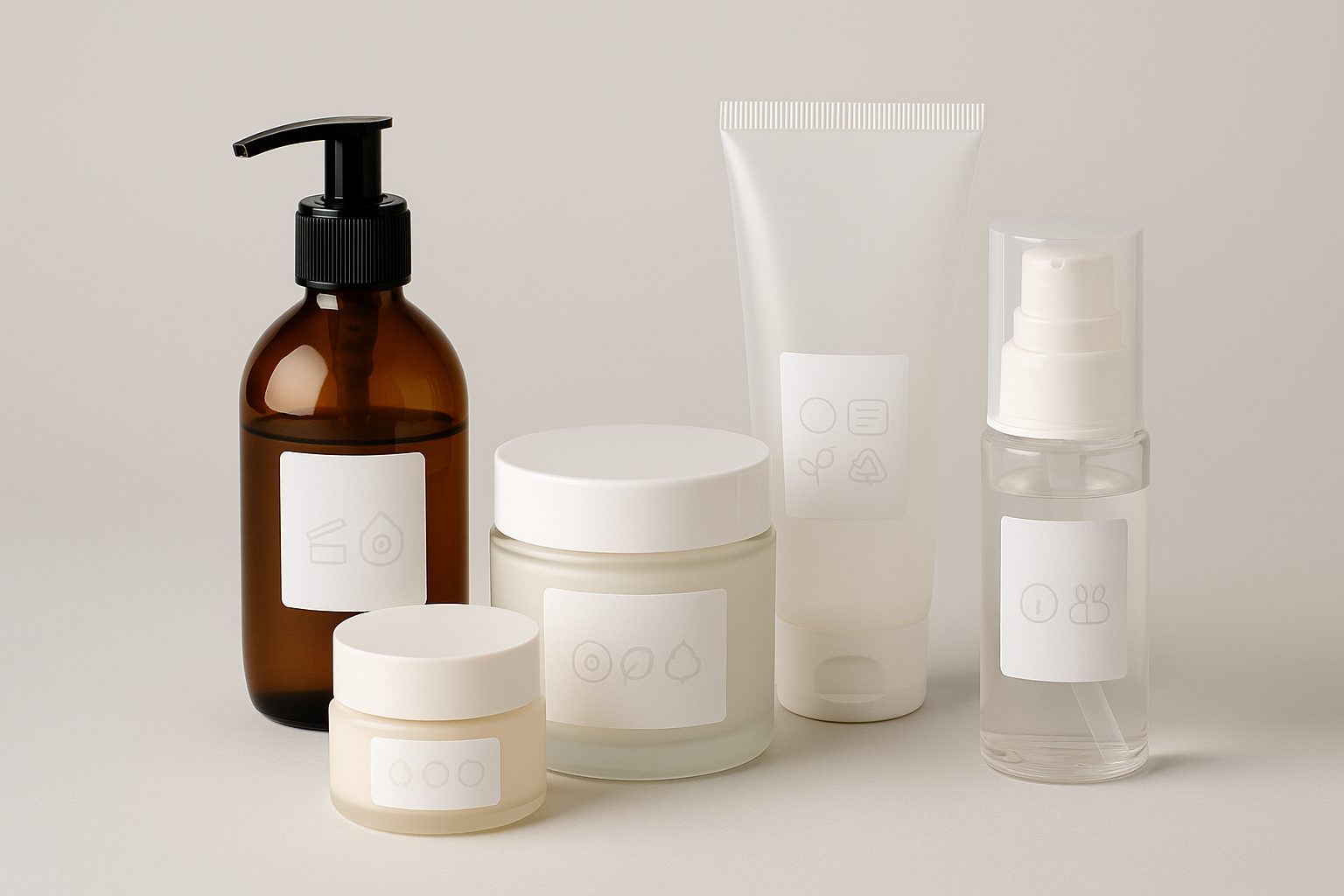 Envases cosméticos de diferentes formatos y materiales con etiquetas blancas que sugieren símbolos e iconos