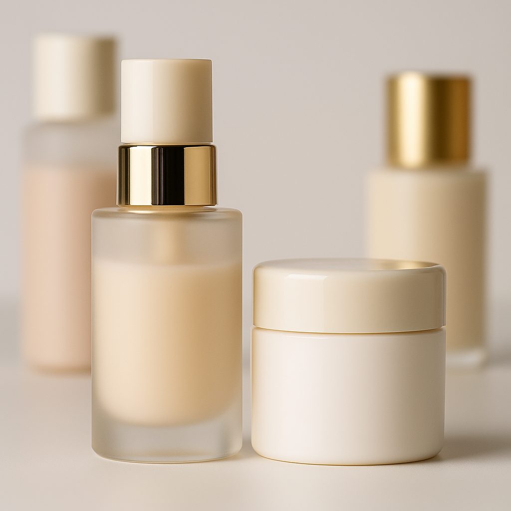 envases cosméticos en tonos lilas y neutros con tapones de madera sobre fondo beige, imagen estética y elegante para marca de cosmética