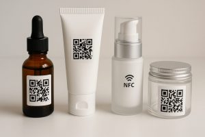Envases cosméticos de vidrio y plástico con códigos QR y NFC sobre fondo neutro, iluminados con luz natural, representando trazabilidad y tecnología en packaging.