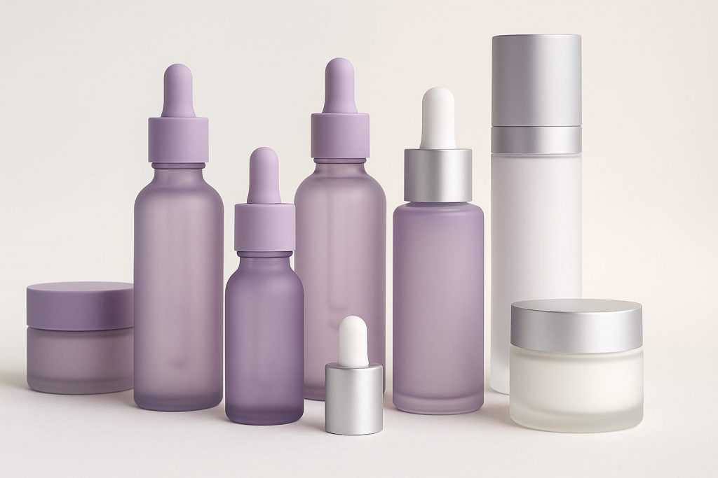 envases cosméticos modernos en tonos violeta y blanco, con cuentagotas, tarros y airless de diseño minimalista sobre fondo gris perla, estilo nórdico.