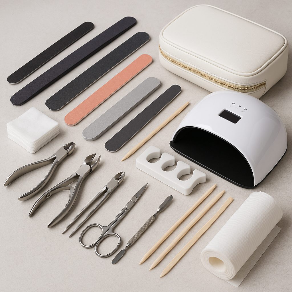 herramientas y accesorios de manicura profesional como alicates, limas, palitos de naranjo, lámpara UV y estuche organizador sobre fondo neutro