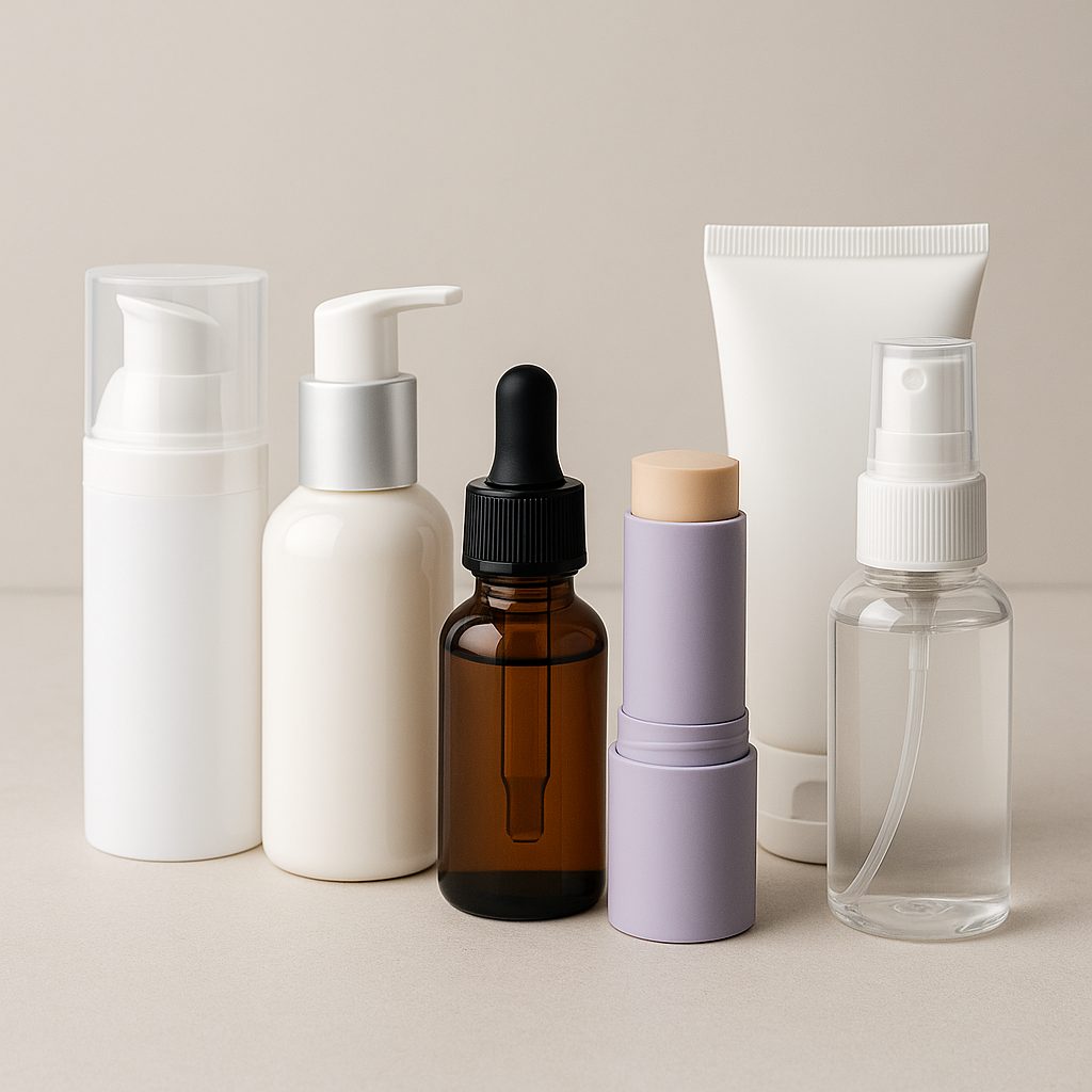 Comparativa visual de seis envases cosméticos: airless, bomba lotion, cuentagotas, stick, tubo y spray sobre fondo neutro