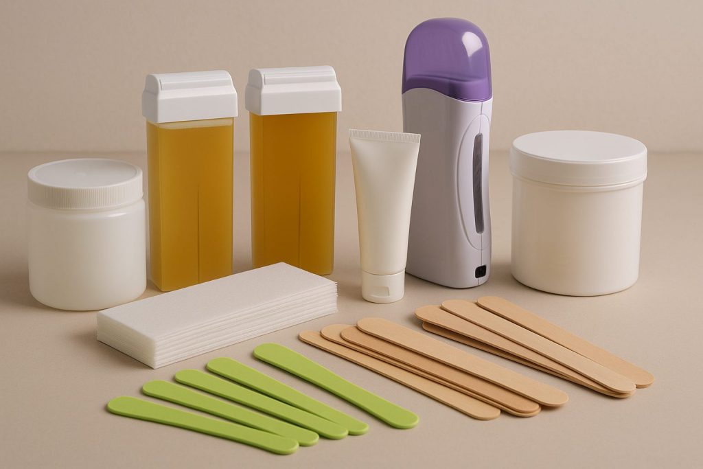materiales para depilación profesional con espátulas, bandas depilatorias, tarros vacíos, tubos y calentador de cera sobre fondo neutro
