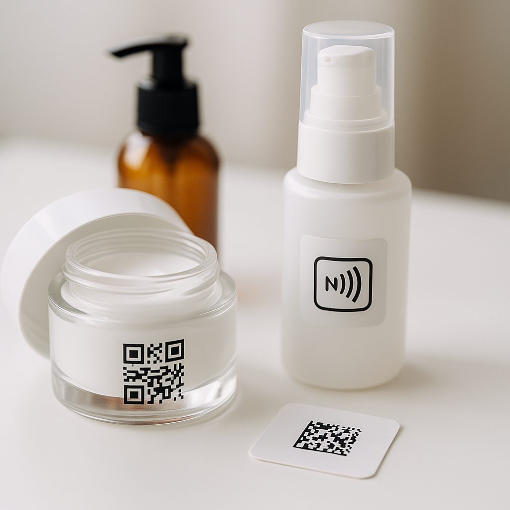 Envases cosméticos con códigos QR y NFC para trazabilidad y diseño profesional