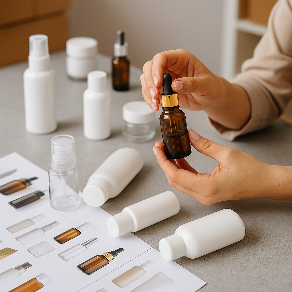 Manos revisando un frasco cuentagotas ámbar entre envases cosméticos de vidrio y plástico sobre una mesa de trabajo profesional.