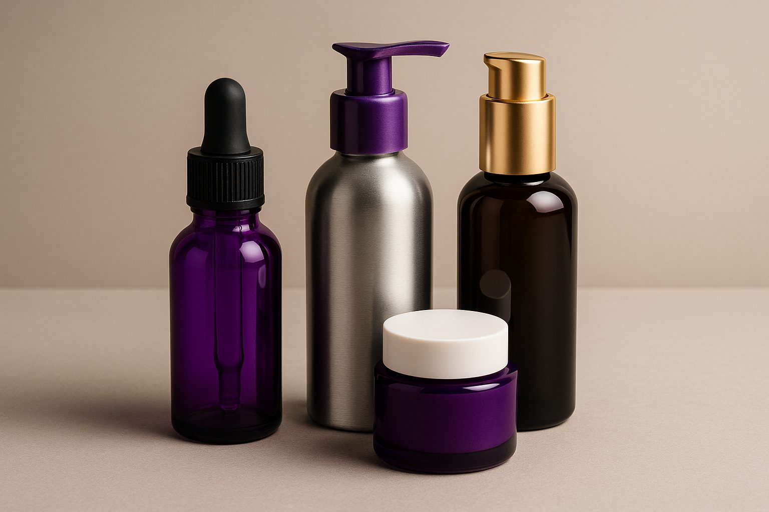 frasco de vidrio violeta con cuentagotas, botella de aluminio con dispensador, frasco ámbar con bomba dorada y tarro violeta con tapa blanca sobre fondo neutro.