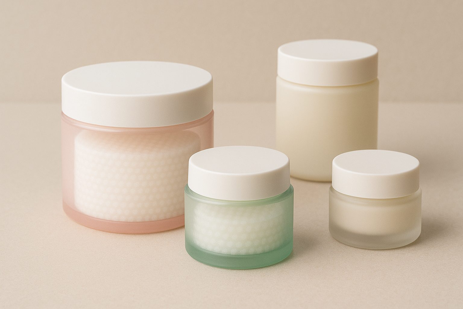 varios tarros para pads cosméticos en distintos tamaños y colores sobre fondo neutro