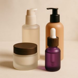 envases cosméticos en tonos lilas y neutros con tapones de madera sobre fondo beige, imagen estética y elegante para marca de cosmética.