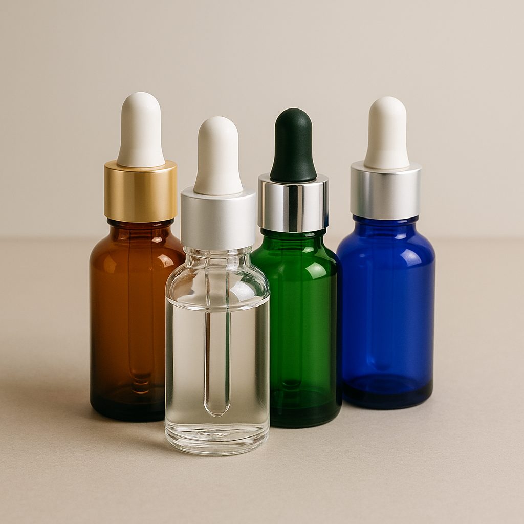 Envases cosméticos tipo dropper de vidrio en varios colores —ámbar, transparente, verde y azul— con pipetas blancas y metálicas.