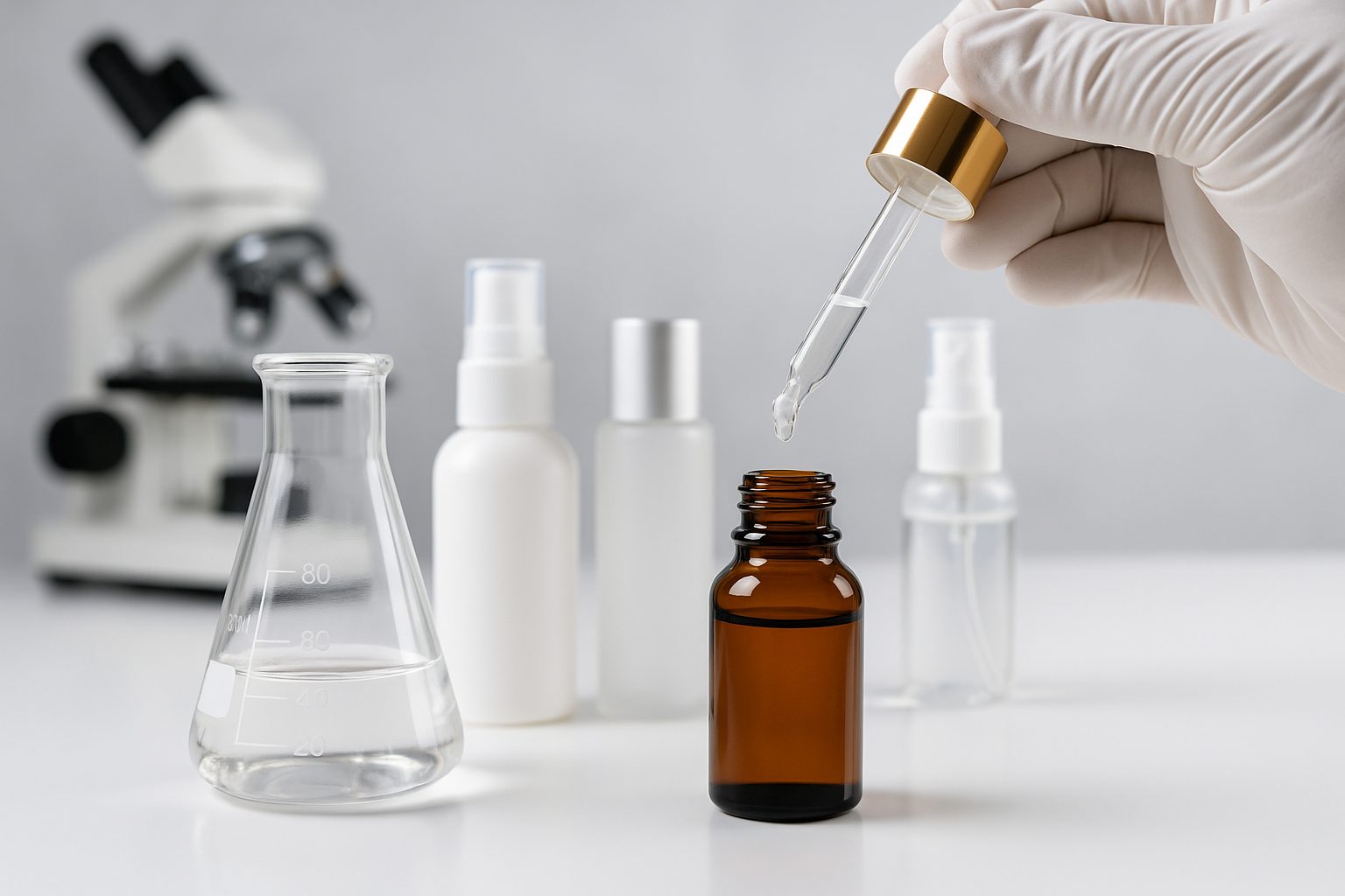 Laboratorio cosmético con envases de vidrio, plástico y aluminio sobre mesa blanca, pipeta en uso y fondo profesional neutro.