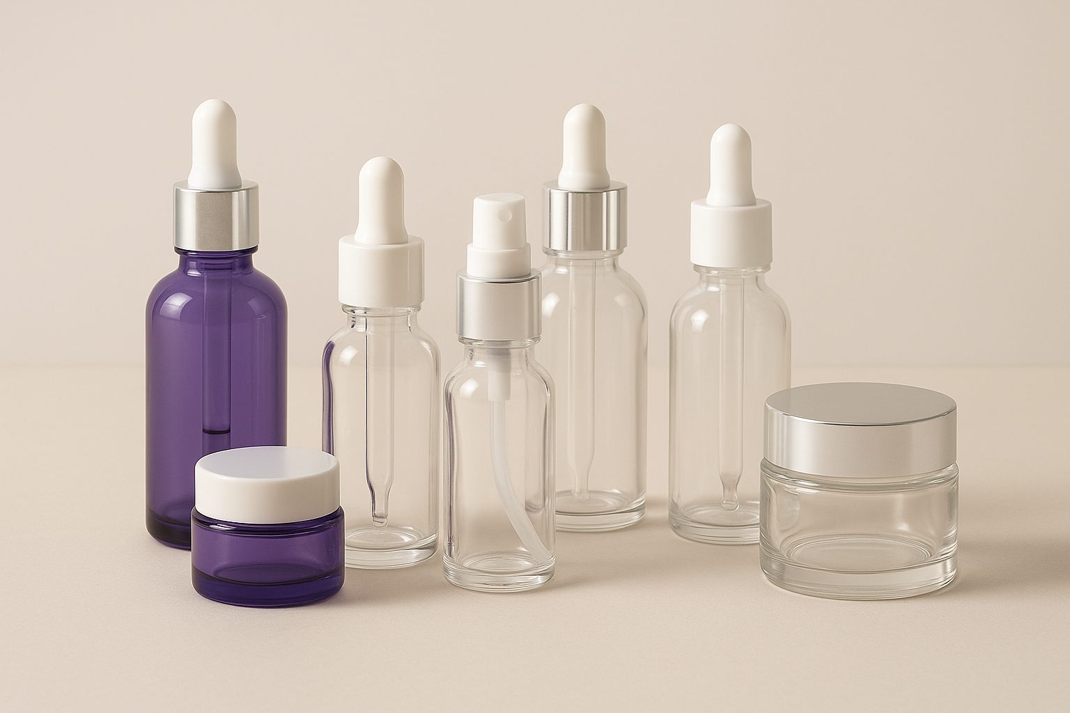 Envases cosméticos de vidrio transparente y violeta con cuentagotas y tarros plateados, estilo elegante y fondo neutro luminoso.