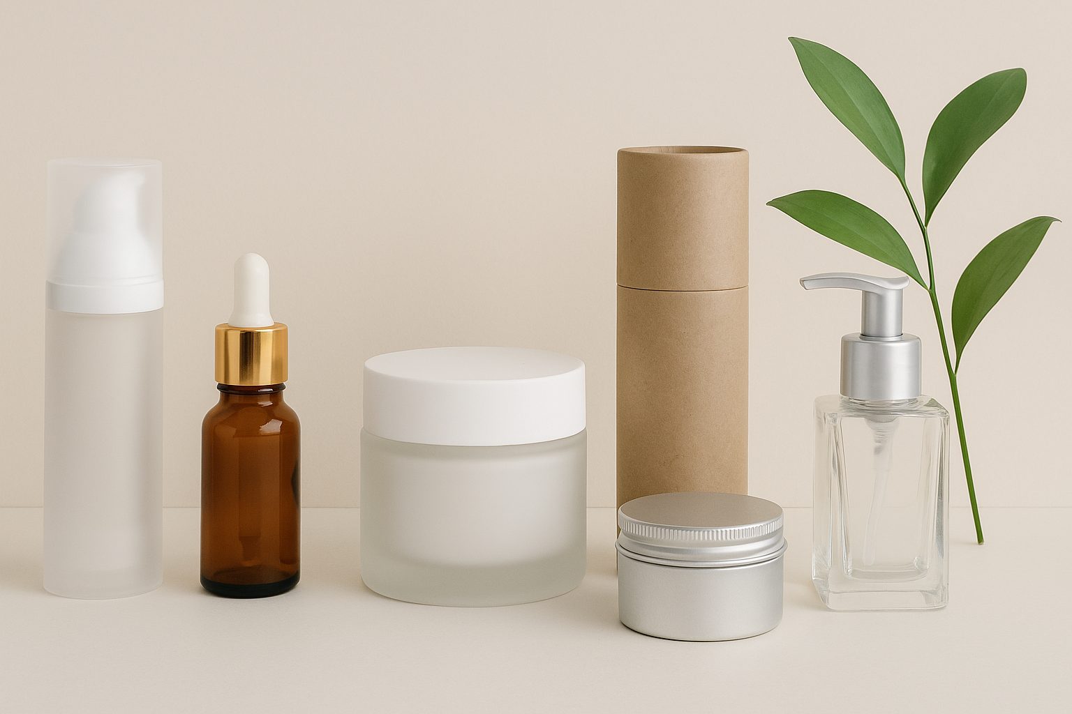 Envases cosméticos modernos en vidrio, plástico airless, aluminio y cartón kraft, dispuestos sobre fondo neutro con hojas verdes decorativas.