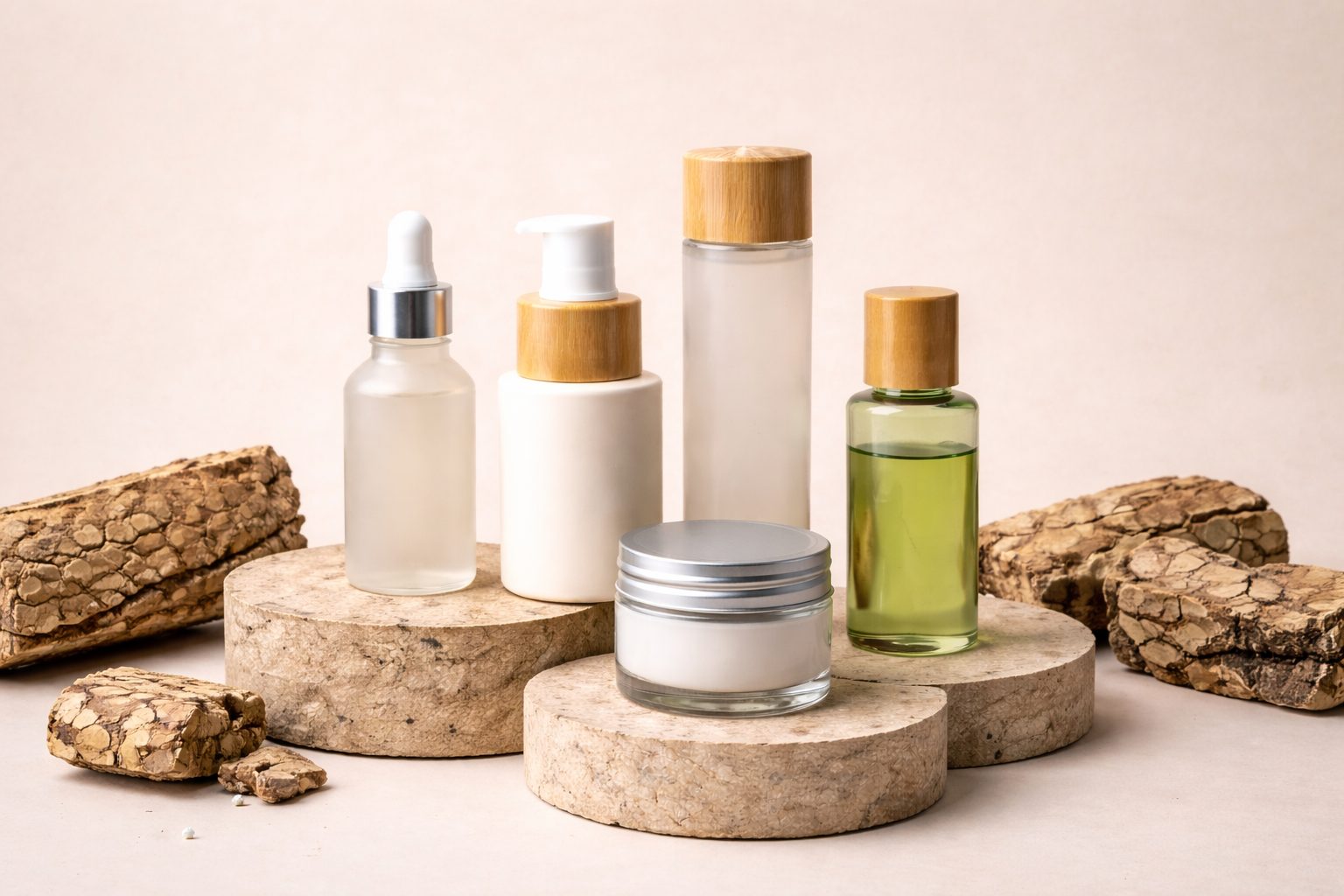 Envases cosméticos de vidrio y plástico con distintos formatos y cierres.