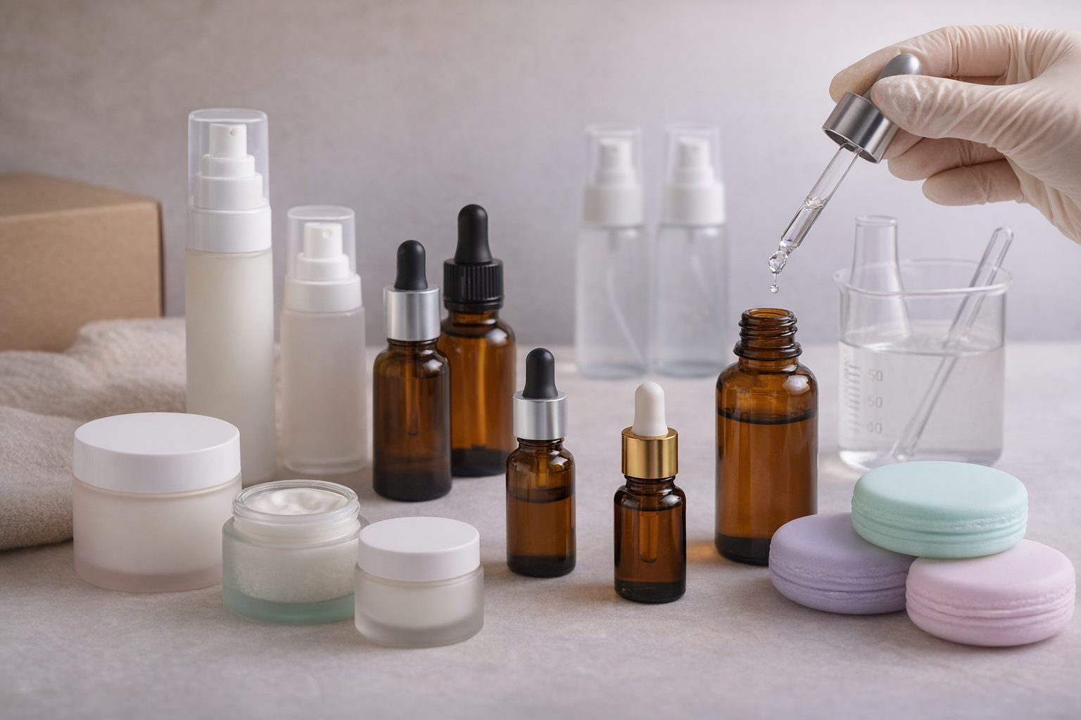 Envases cosméticos premium con frascos airless, cuentagotas y tarros para fórmulas avanzadas.