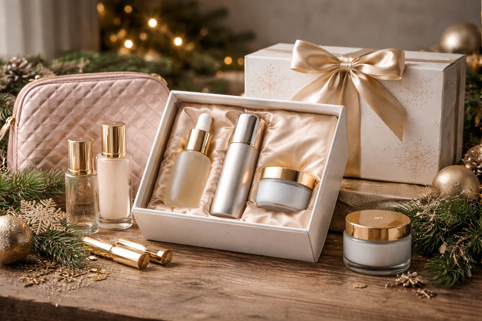 Cofre navideño de cosmética premium con frascos y tarros dorados.