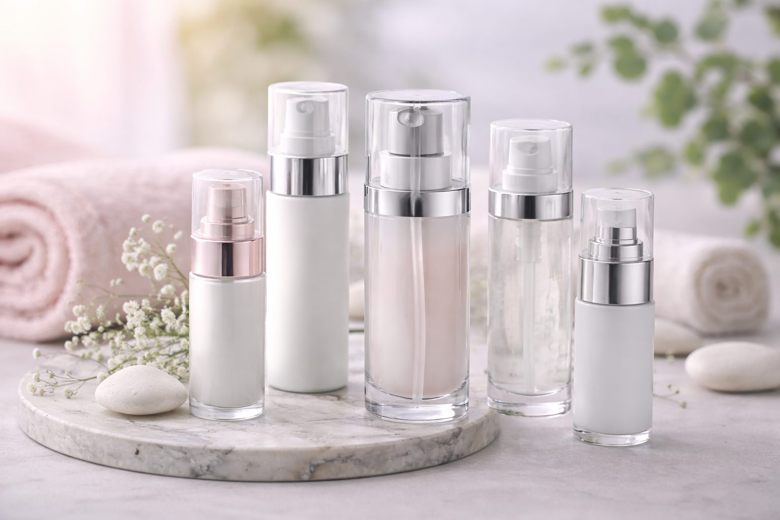 Envases airless para cosmética en acabado blanco y transparente con dispensador premium.