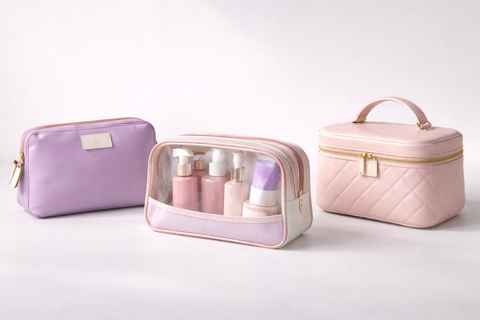 Neceseres promocionales para cosmética en estudio: modelo nylon mate, neceser transparente PVC y vanity con asa.