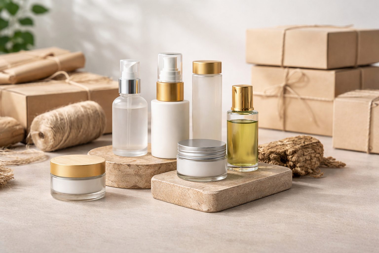 envases cosméticos premium con packaging elegante y cajas de regalo en fondo neutro