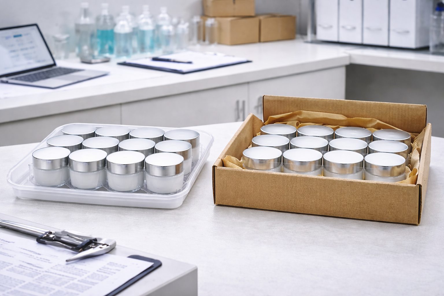 Dos lotes de envases cosméticos idénticos en una mesa técnica de laboratorio.