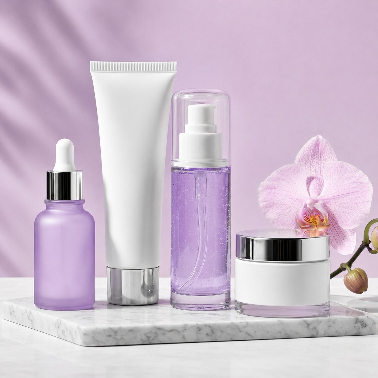 Envases cosméticos premium en tonos lilas sobre base de mármol con diseño minimalista