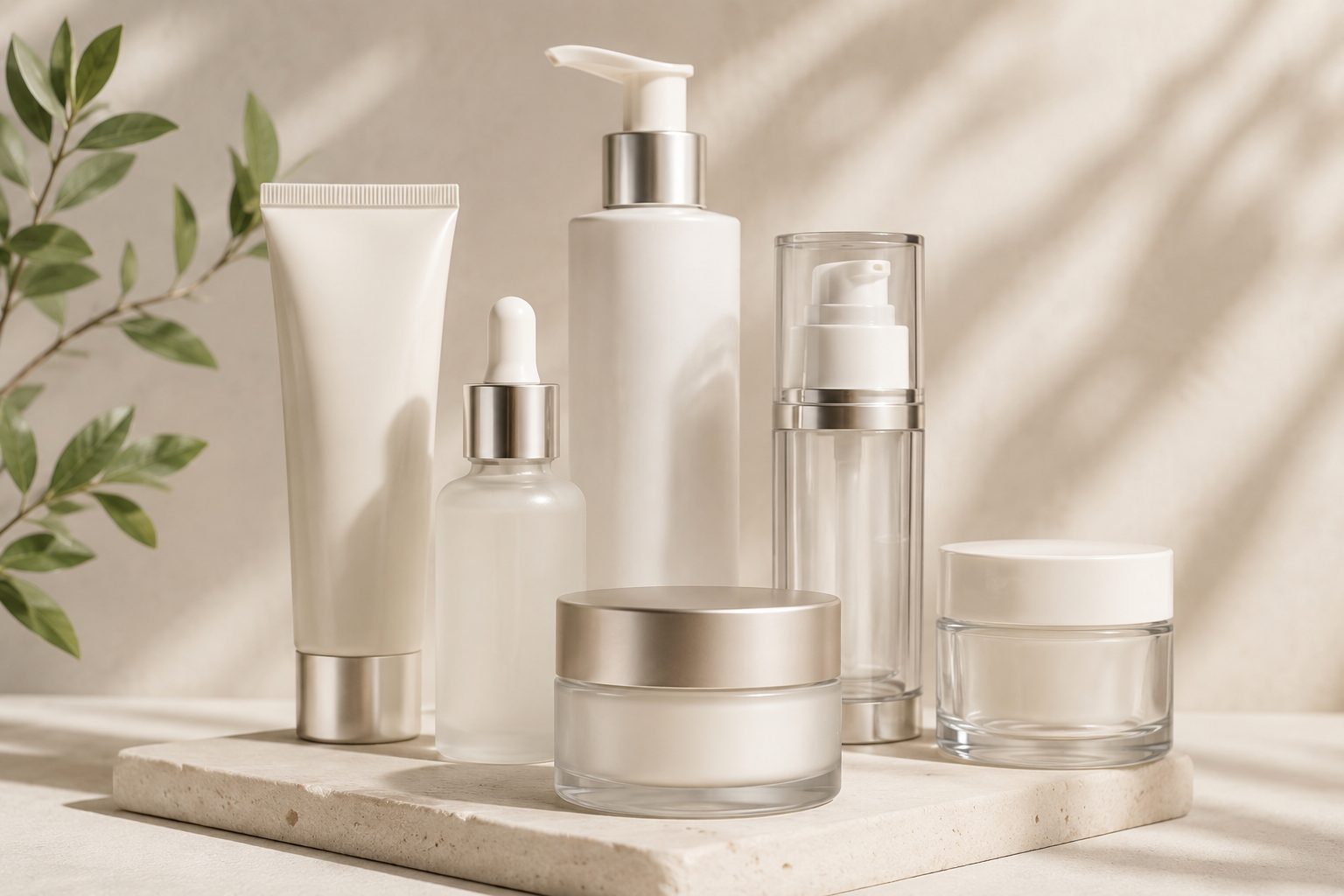 Envases cosméticos premium con dispensadores airless y frascos sobre superficie minimalista beige.
