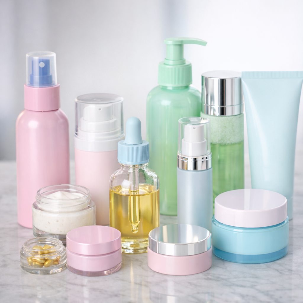 Envases cosméticos en tonos pastel: frascos, tarros, botellas, tubos y airless para skincare y cuidado personal