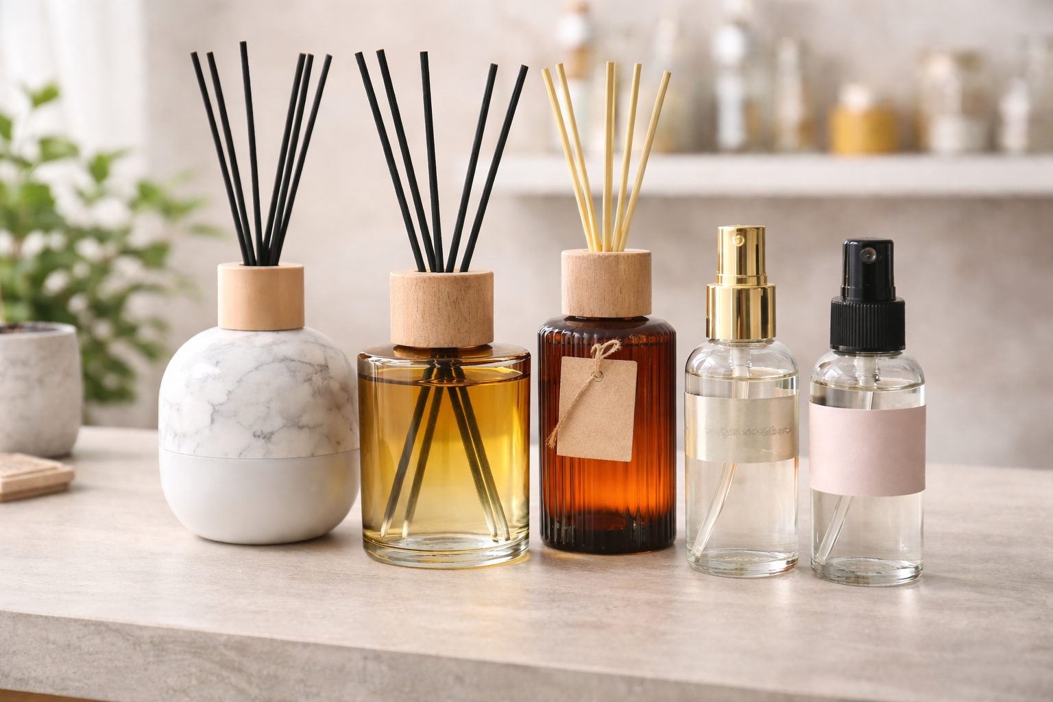 Envases para ambientadores elegantes de vidrio con difusores de varillas y sprays sobre superficie neutra