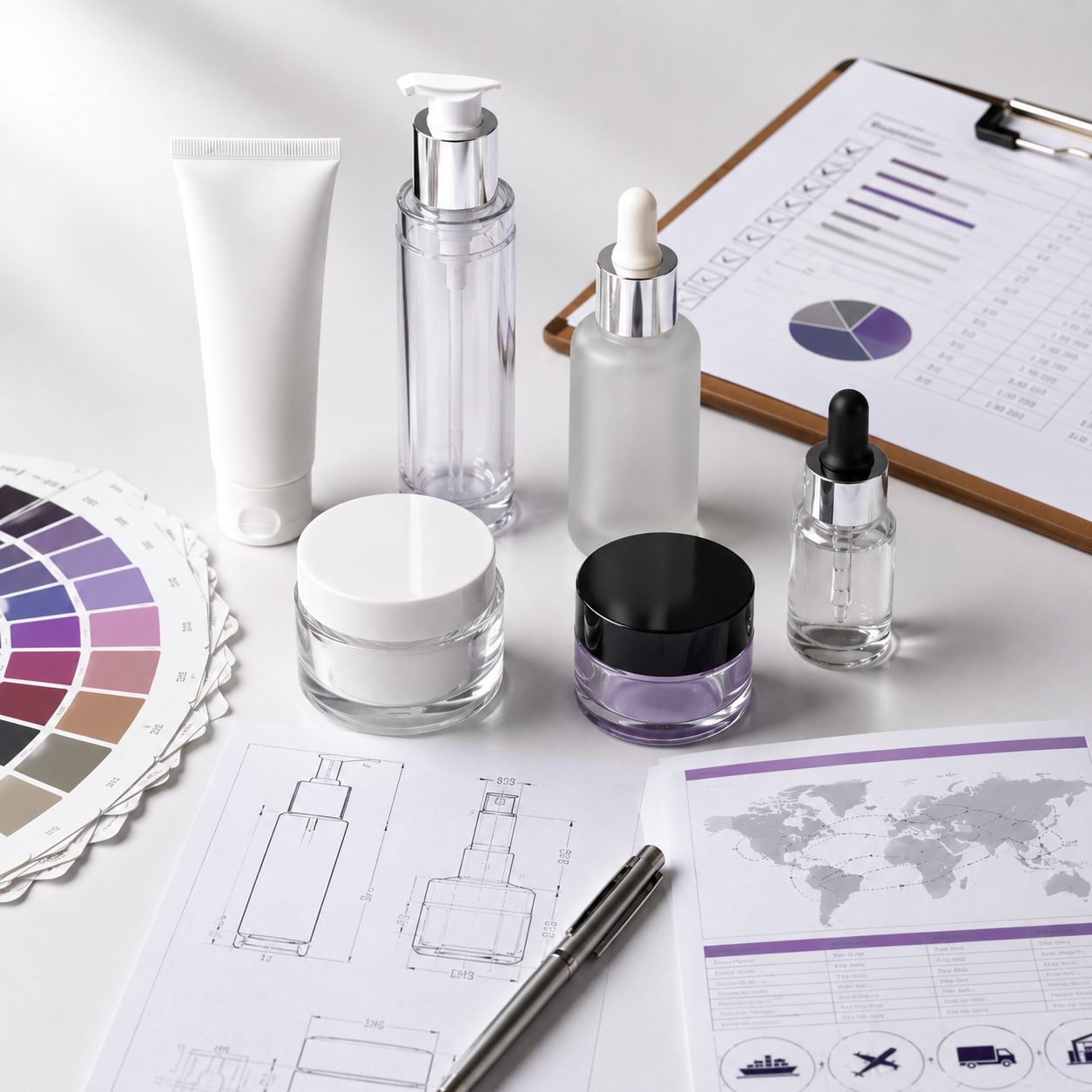 Envases cosméticos premium con muestras Pantone y planos técnicos de packaging personalizado.