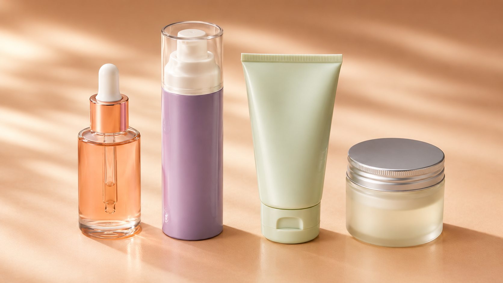 Envases cosméticos de colores pastel con cuentagotas, airless, tubo y tarro sobre fondo cálido.