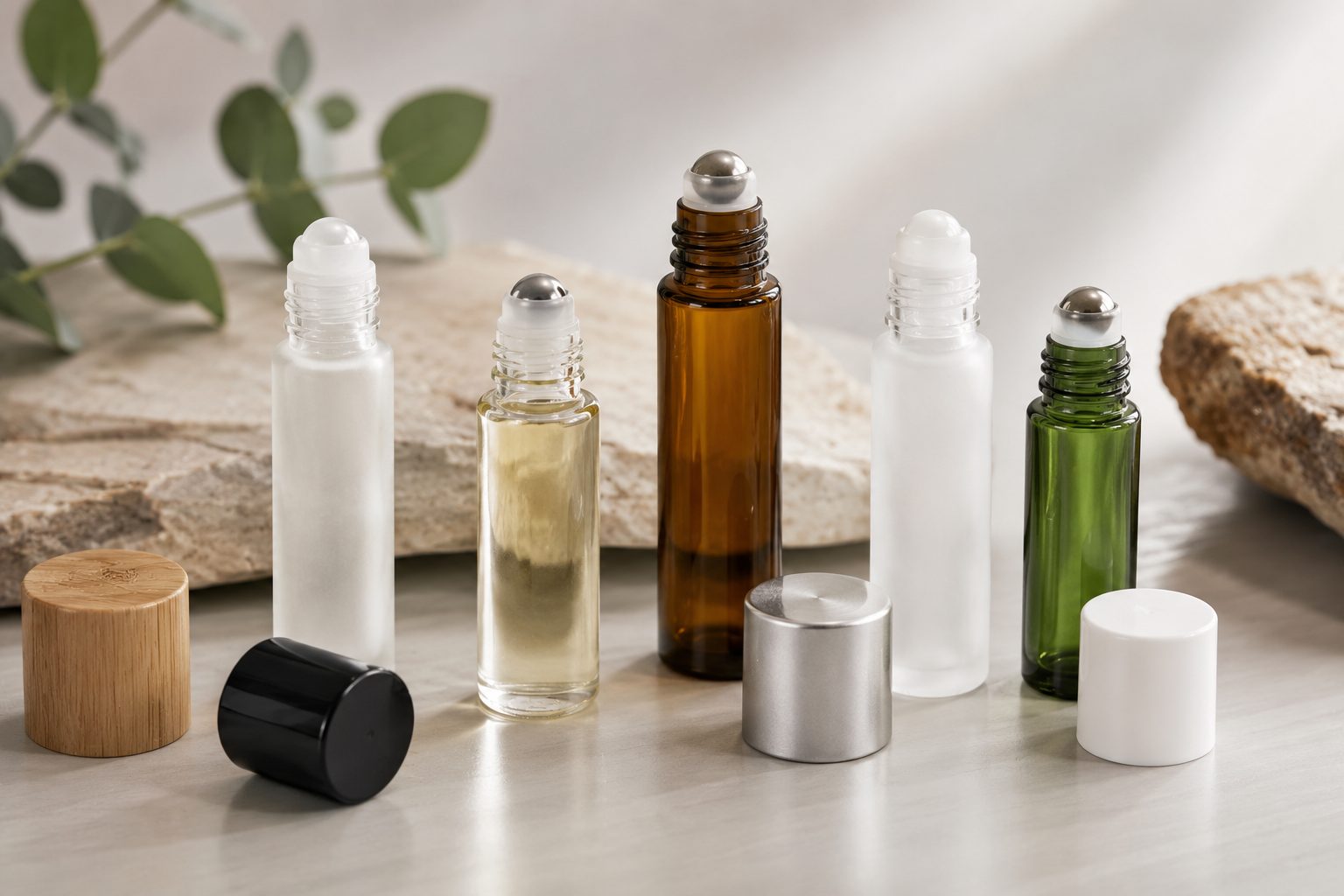 Envases roll-on cosméticos de vidrio para sérums, aceites faciales y skincare