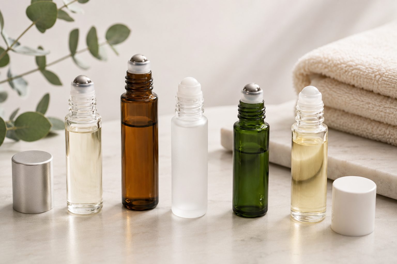 Envases roll-on cosméticos de vidrio para skincare, sérums y aceites faciales.