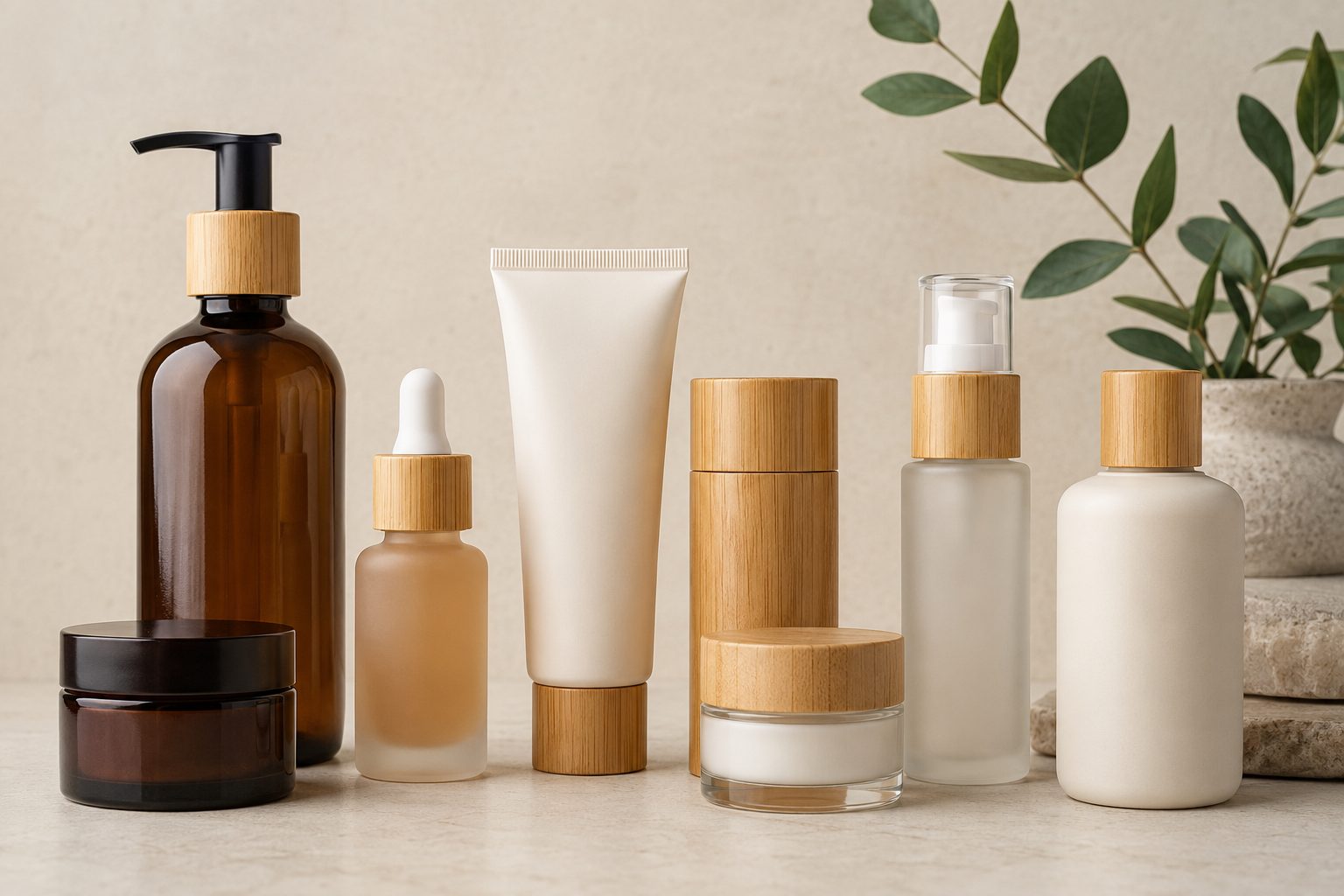 Envases cosméticos con bombas, cuentagotas y tapones de distintos materiales.